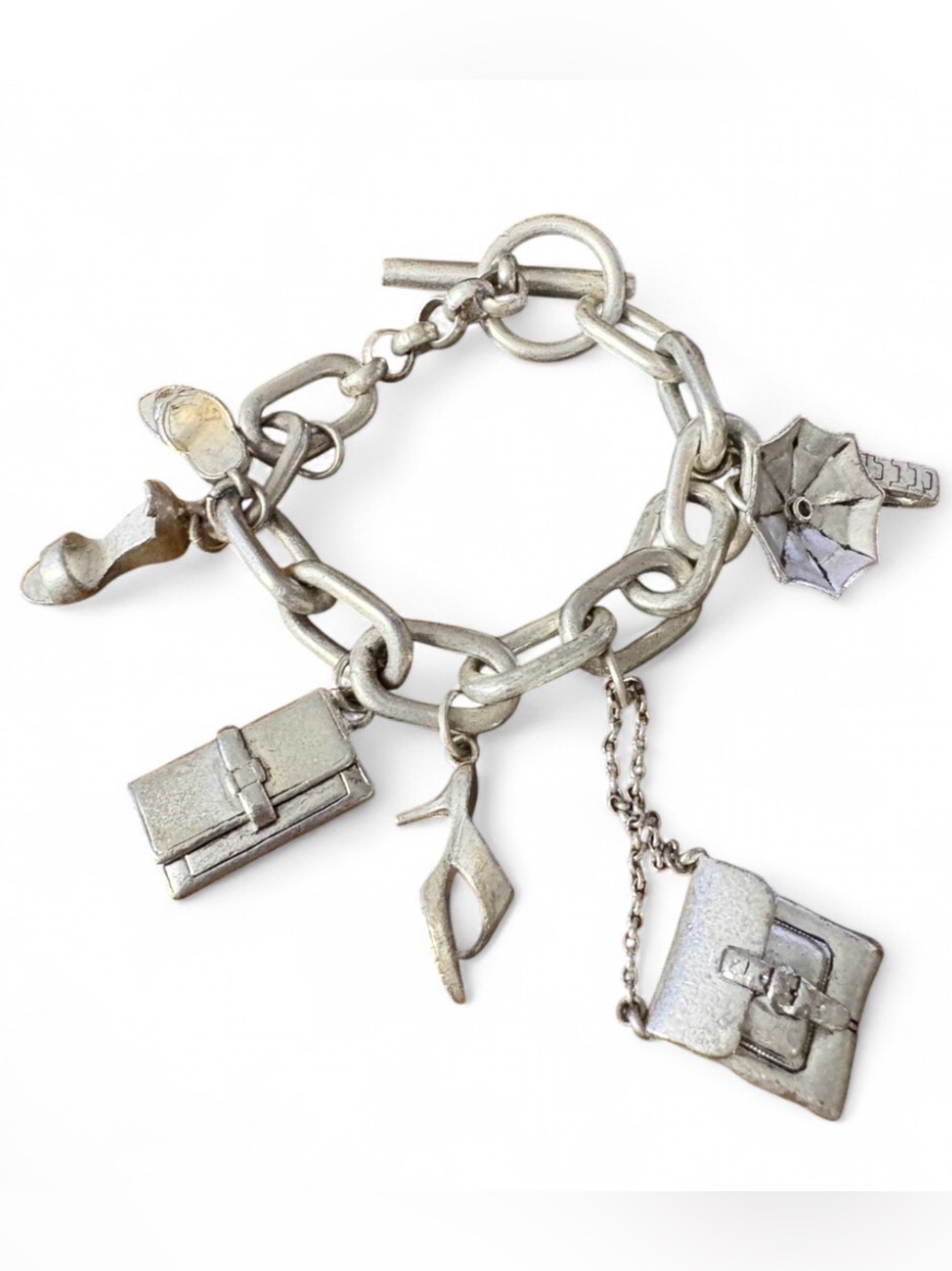 Vintage Kenneth Cole Silver Tone Fashion Charm Bracelet Toggle Clasp